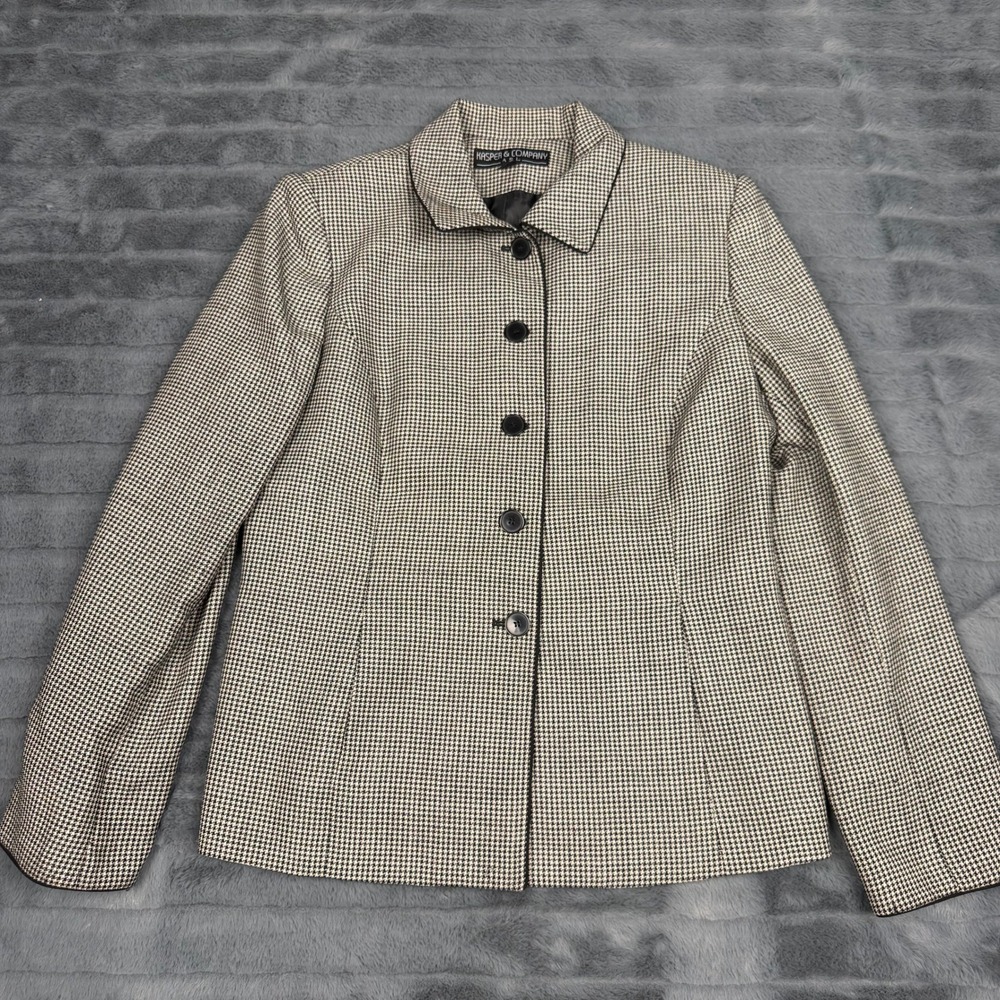 Kasper & Company ASL Houndstooth Wool Blazer Jacket Black White Lurex Size 8